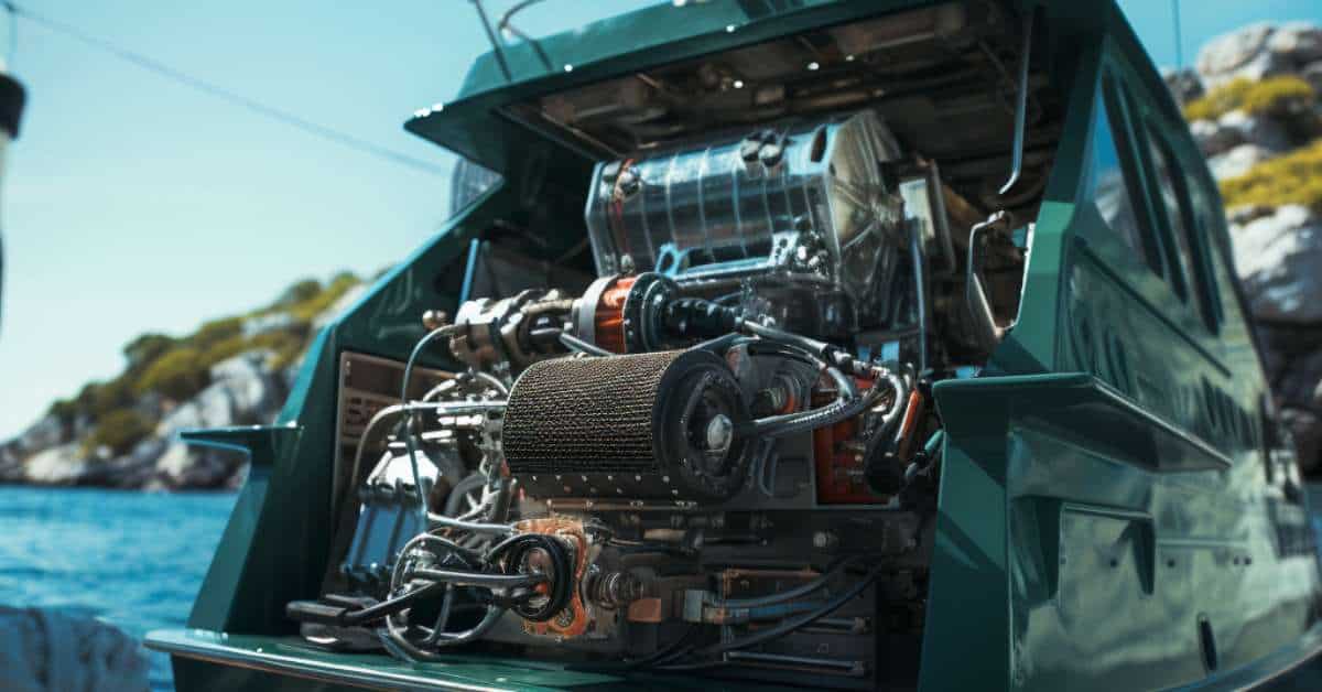 a close up image of a marine generator tucked at the back of a small boat