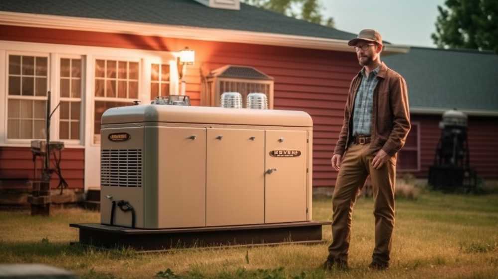 an insurance appraiser standing next to standby generator outside a house